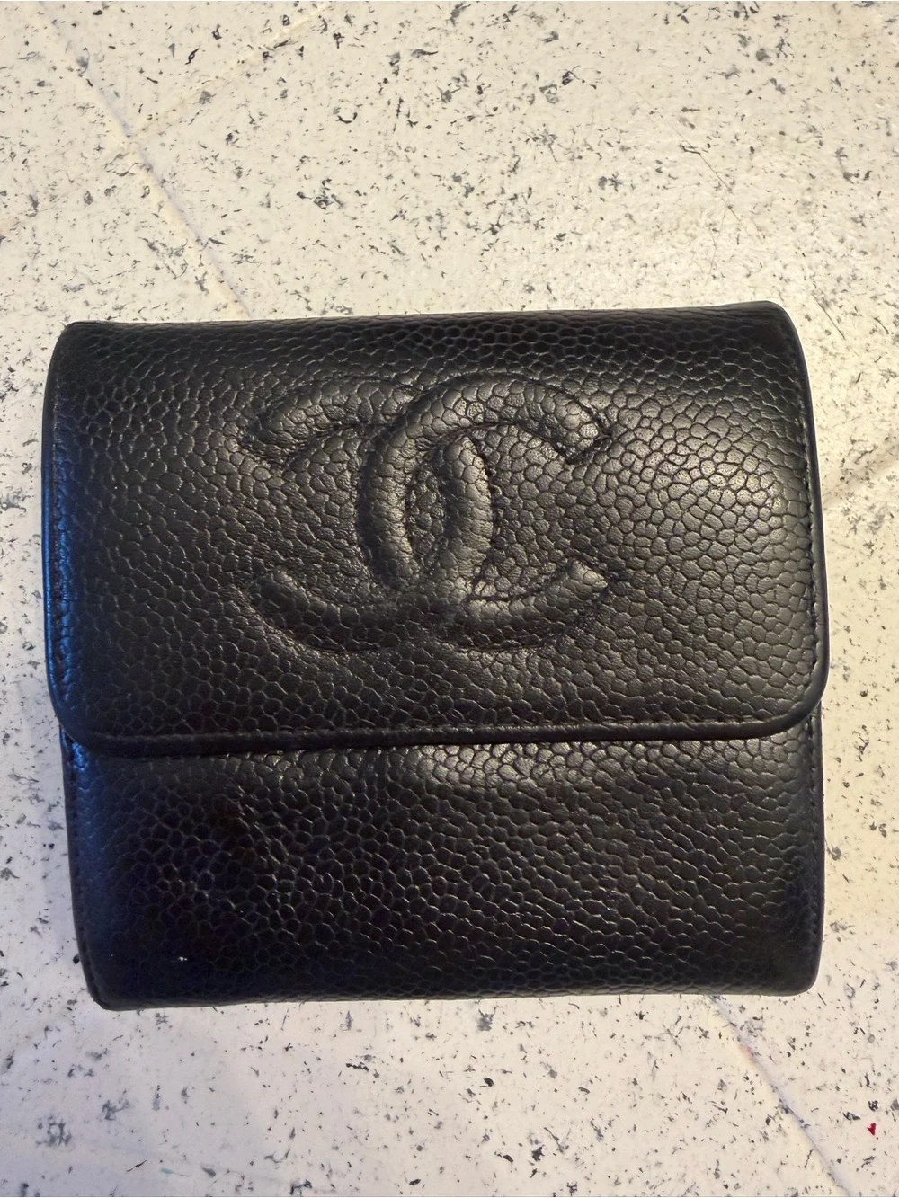CHANEL Black Pebbled Leather Compact Wallet